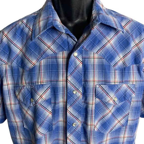 Wrangler Western Pearl Snap Shirt L Blue Plaid Short Sleeve Pockets One Point - Picture 2 of 6
